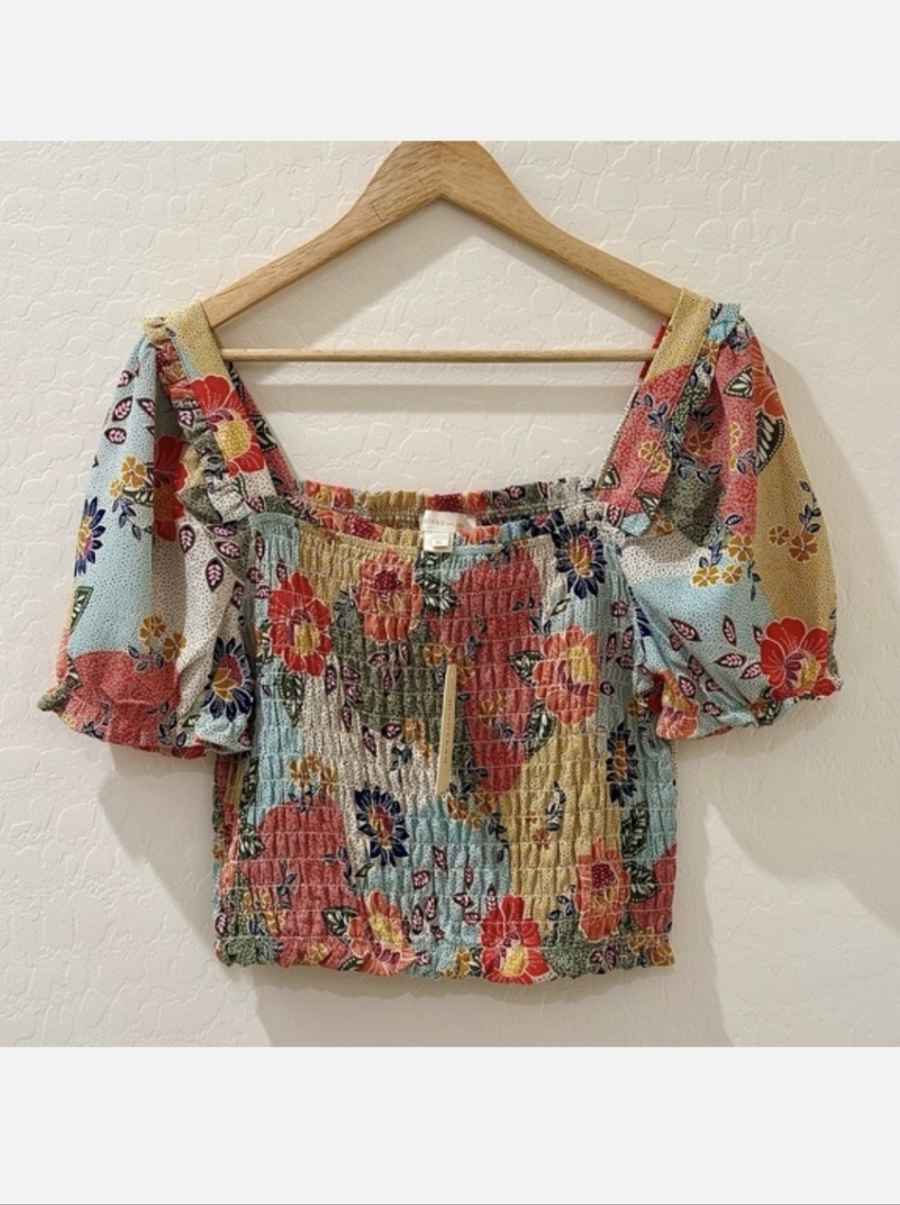 NWT Anthropologie Monteau Floral Off-Shoulder Peasant Top Boho Smocked Blouse XL